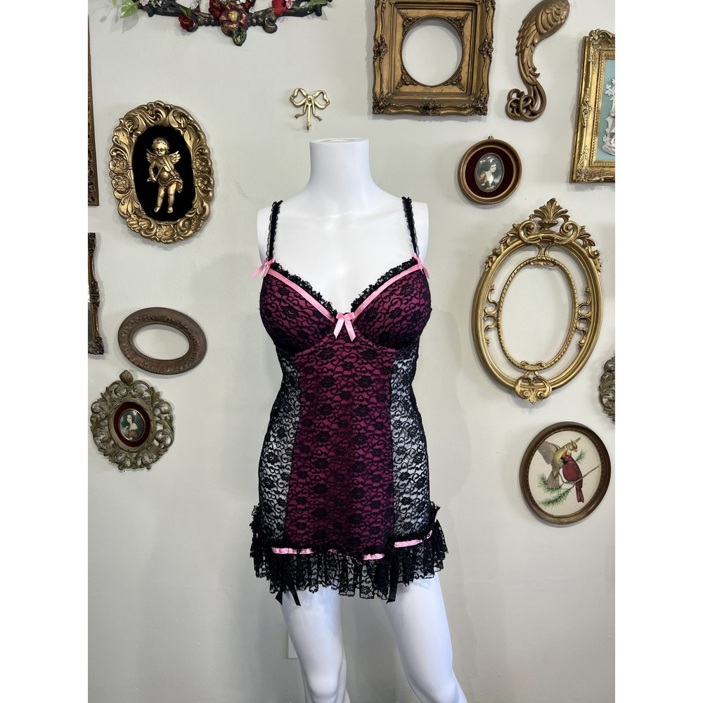 Victoria's Secret Vintage Y2K Black Magenta Lace Babydoll Slip Size 36C